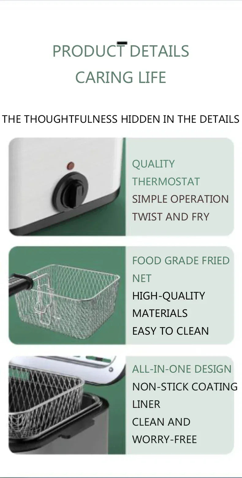 Home Electric French Fries Machine You Tiao Machine 2.5L Household Stainless Steel Fryer 220V/1000W Integrated Self-heating Elec