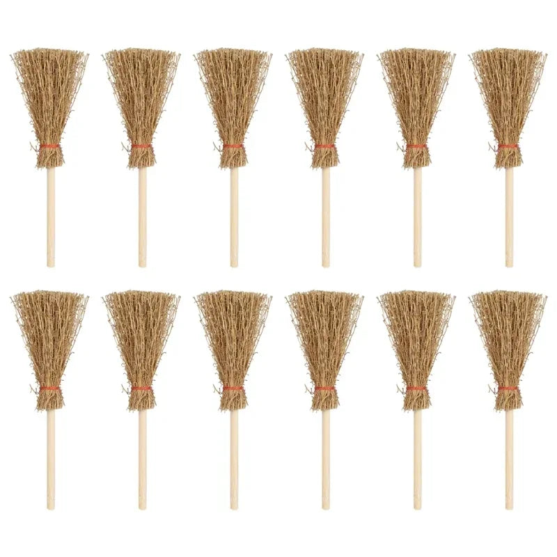 6/12 Pcs Mini Broom Witch Straw Brooms DIY Hanging Ornaments for Halloween Party Decoration Costume Props Dollhouse Accessories
