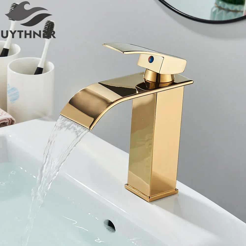 Brushed Golden Basin Faucets Elegant Waterfall Bathroom Sink Faucet Single Lever Hole Deck Mount Brass  Mixer Taps