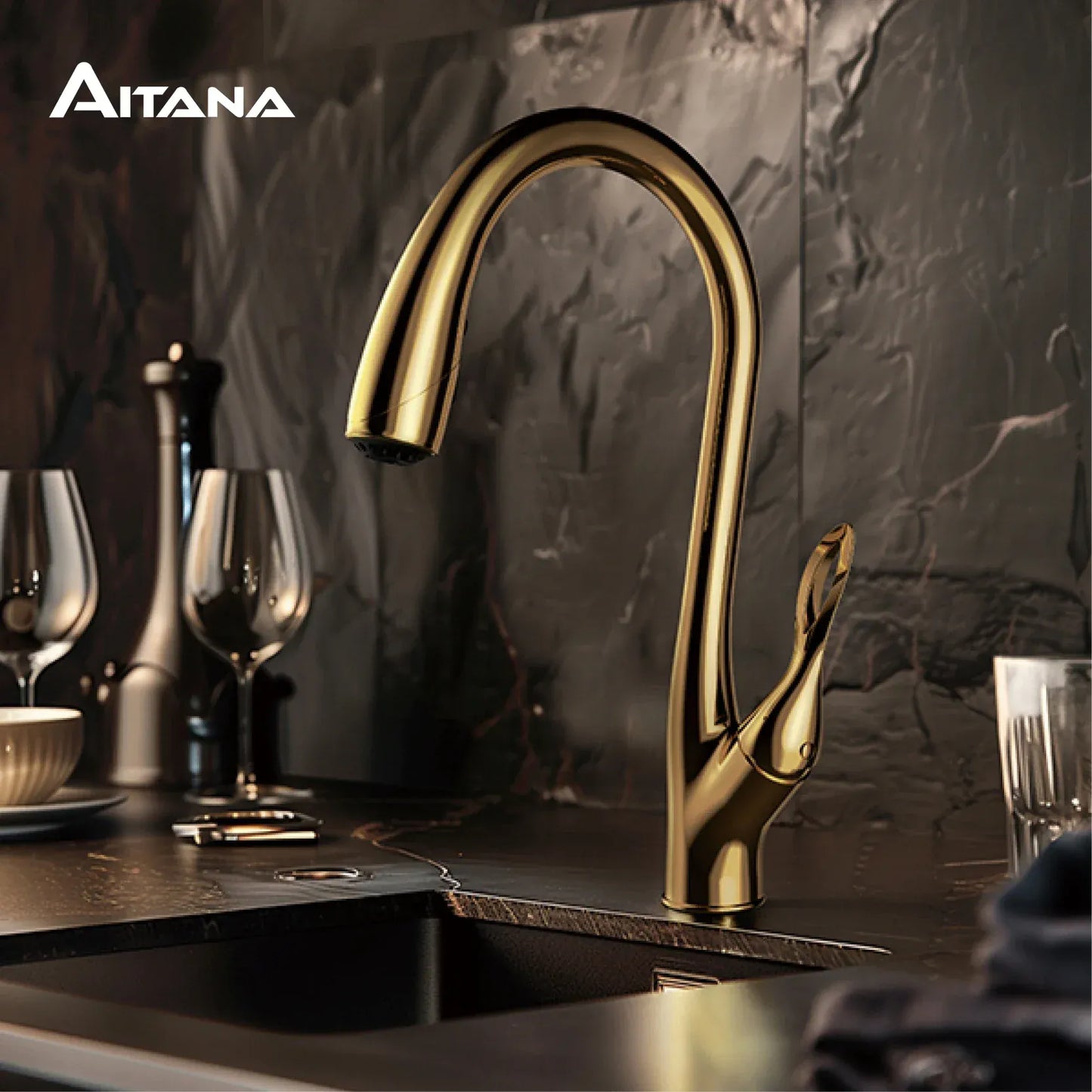 AITANA Modern Luxury Golden Brass Kitchen Faucet Pull-Out Design Single Handle for Hot And Cold Water 3 Functions Sink Faucet