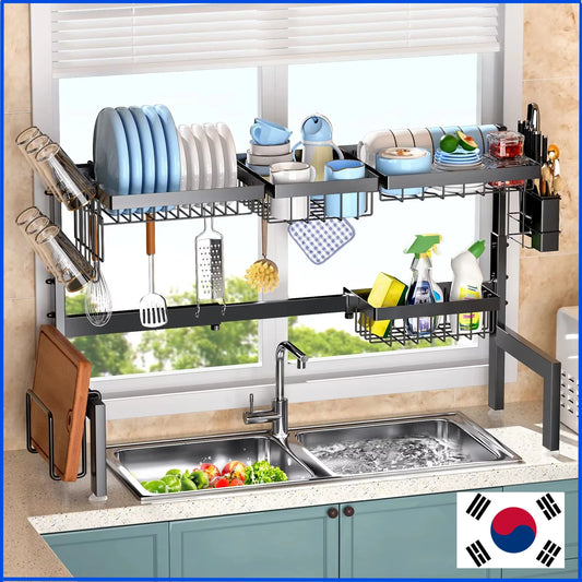 Over The Sink Dish Drying Rack,Expandable 2-Tier Stainless Steel Over The Sink Dish Rack with Utensil Holder Dish Drainers