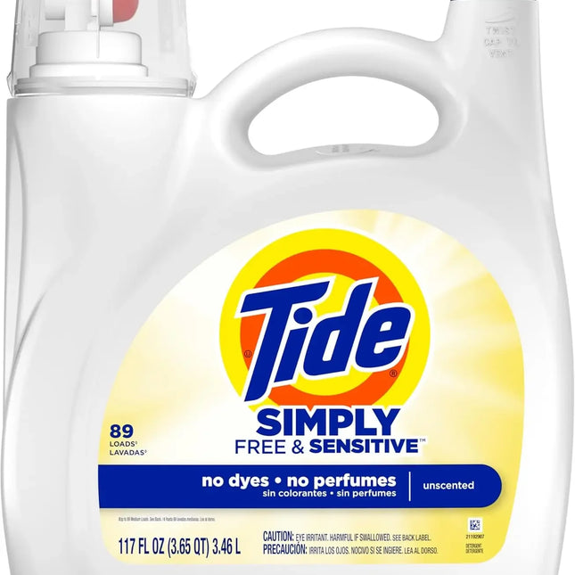 Lessive Liquide Tide Sensitive – Sans Parfum ni Colorant – 3,3 L (117 oz), 89 Lavages | Hypoallergénique, Douce pour la Peau, Efficace à l’Eau Froide, Compatible HE