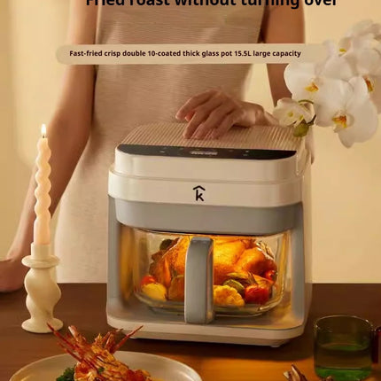 Friteuse à air chaud 1200 W avec panier en verre transparent - Four multifonction sans retournement, poignée isolante, 8 modes de cuisson, usage domestique