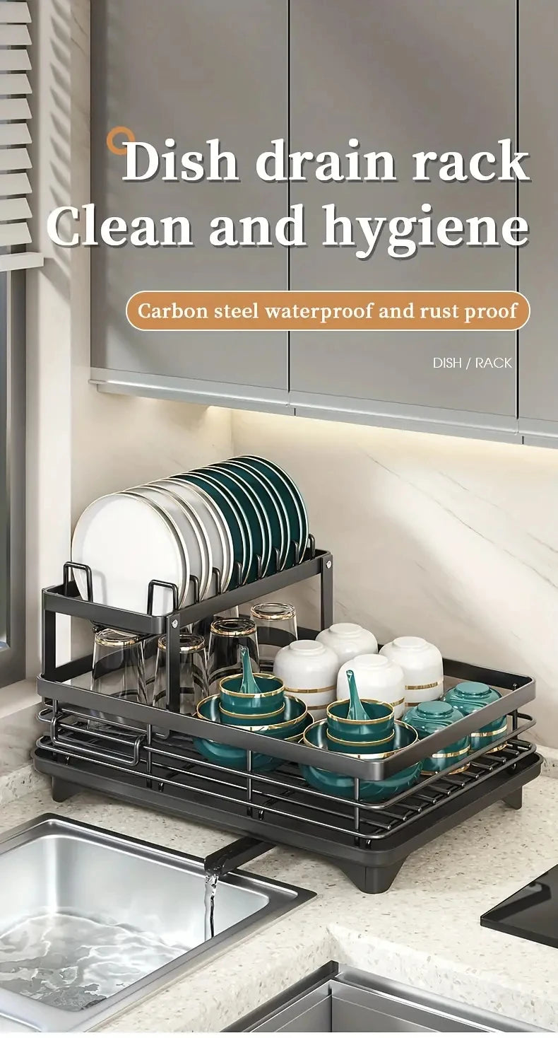 Dish Rack, Large Capacity Dish Drying Rack With Draining Board, Double Layer Detachable Dish Storage Organizer For Dishes, Cups