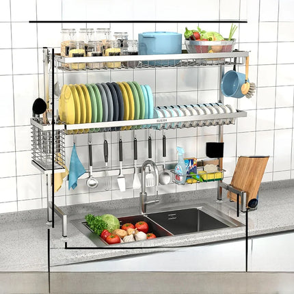 Égouttoir de cuisine en acier inoxydable 304 avec porte-assiettes de rangement multifonction pour évier de cuisine à poser sur le plan de travail
