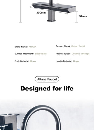 AITANA Luxury Chrome Brass Kitchen Faucet with Digital Display Design, Hot and Cold Water Pull out 3-Function Sink Mixer