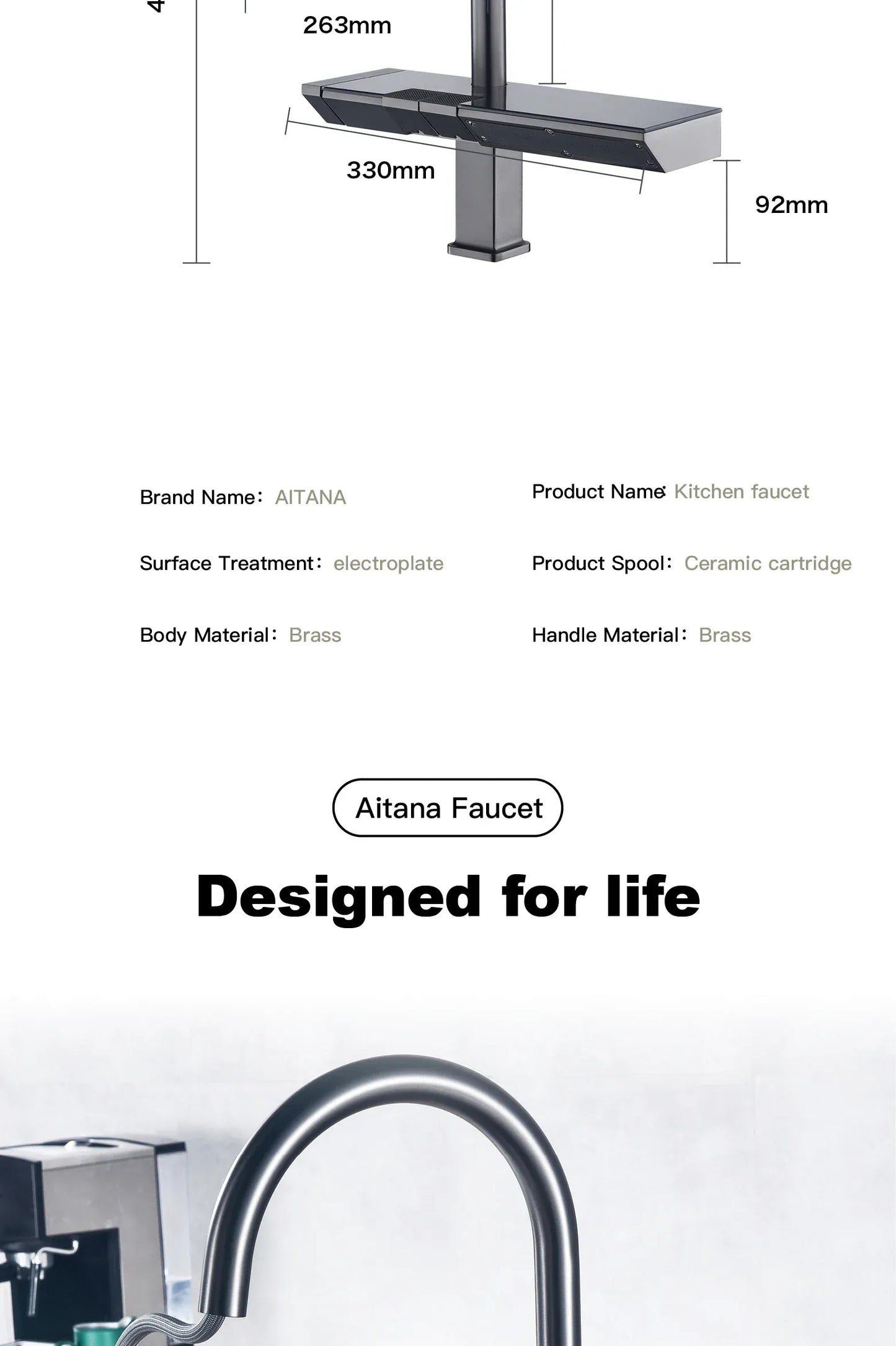 AITANA Luxury Chrome Brass Kitchen Faucet with Digital Display Design, Hot and Cold Water Pull out 3-Function Sink Mixer