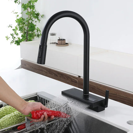 Robinet de cuisine cascade avec affichage de la température de l'eau chaude et froide, robinet extractible pour évier sur plage