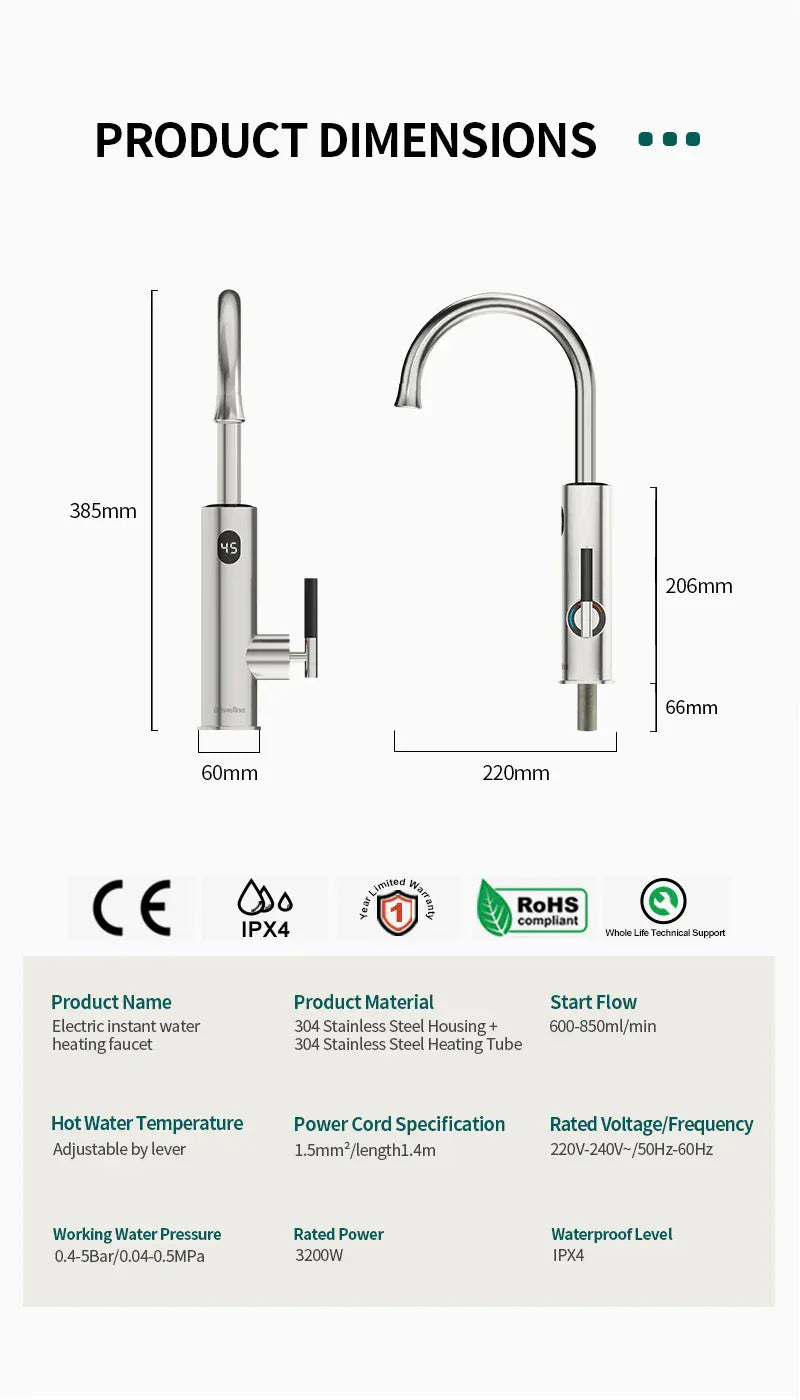 Briwellna Electric Water Heater Kitchen Faucet 2 In 1 With Digital Display Stainless Steel 220V Electric Tap Geyser Robinet