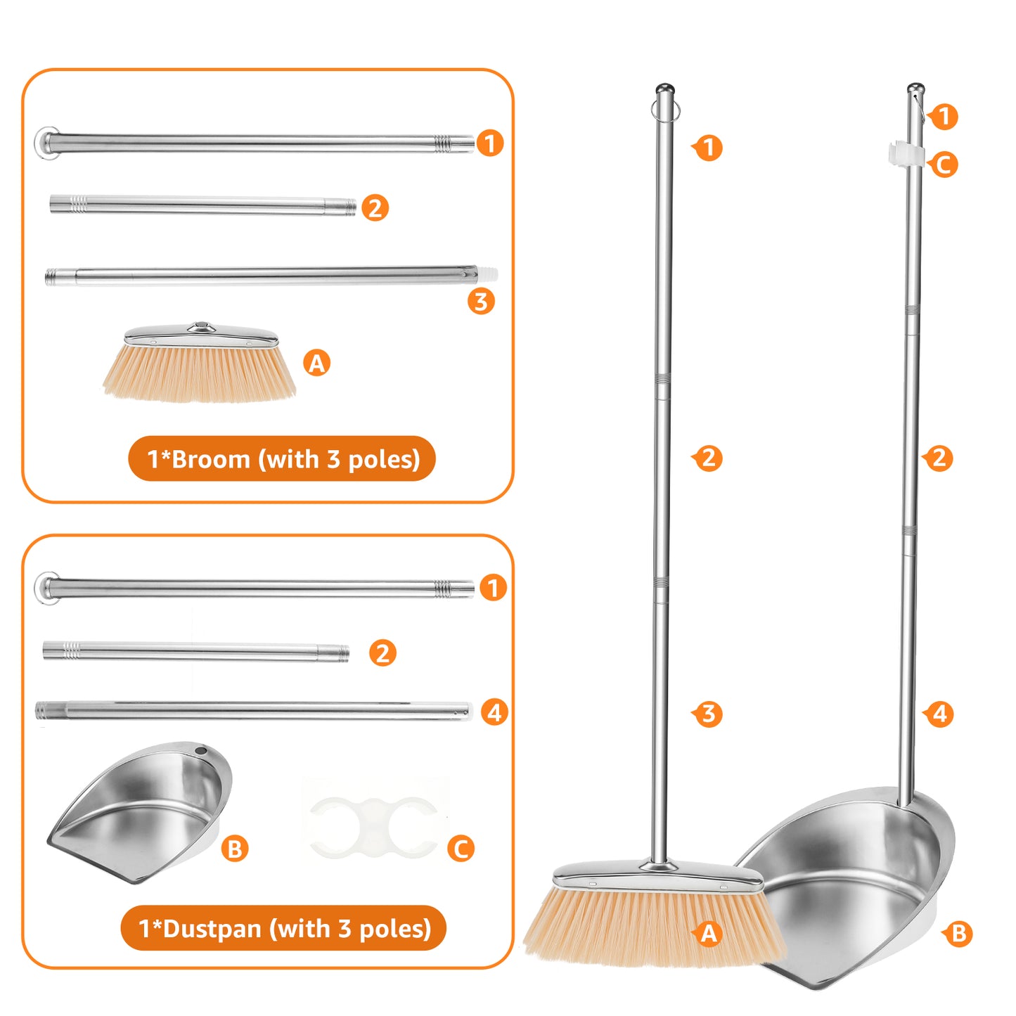 Broom and Dustpan Set Long Handle Upright Stainless Steel Dustpan Broom Set Portable Household Cleaning Tools for Home Office