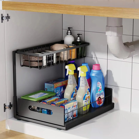 2-Tier Under-Sink Cabinet – Sliding Basket + Drawer | Multi-Purpose Storage