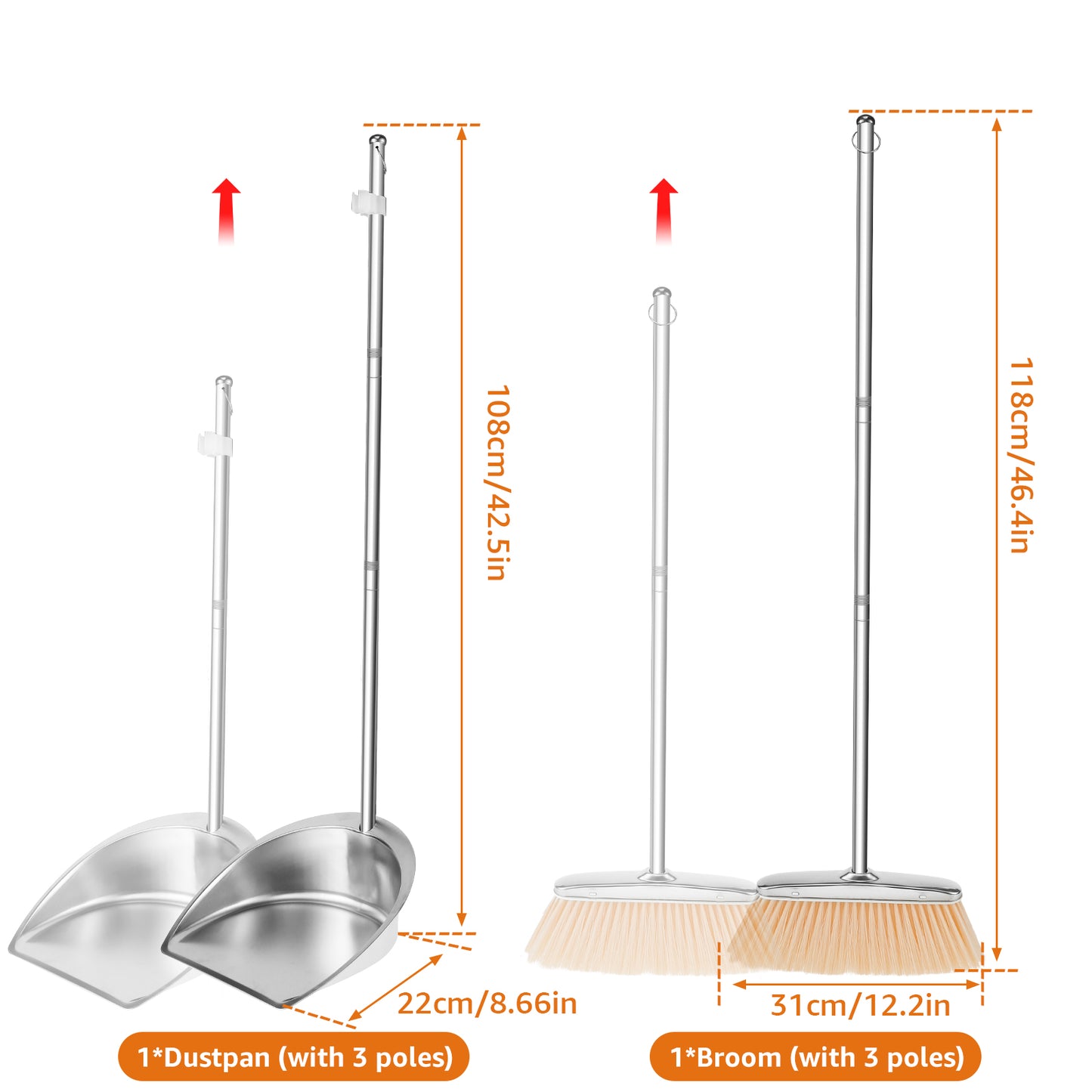 Broom and Dustpan Set Long Handle Upright Stainless Steel Dustpan Broom Set Portable Household Cleaning Tools for Home Office