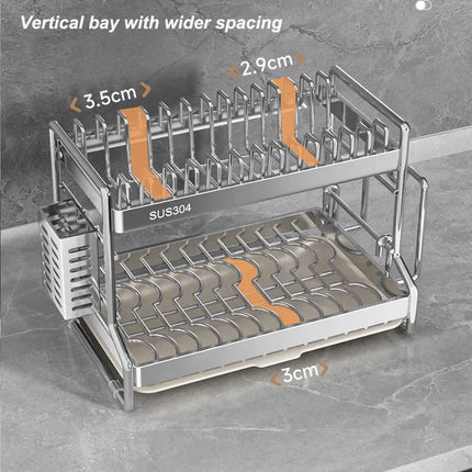 Égouttoir à vaisselle en acier inoxydable pour le rangement et l'organisation de la cuisine. Ce support est idéal pour la vaisselle, les ustensiles de cuisine et les tables.