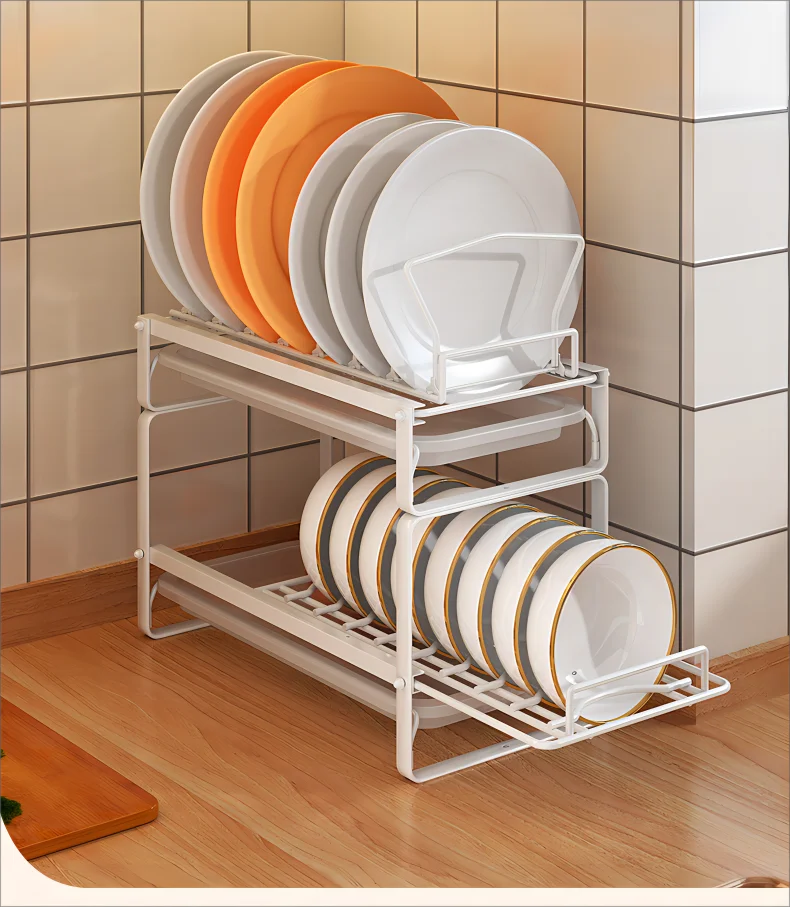 Dish Drain Shelf Stackable Drawer Bowls and Plates Organizer Rack Countertops Drain Shelf Cabinets Sink Cutlery Storage Shelf