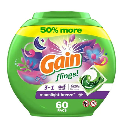 Gain Flings Brise Lunaire – 60 Capsules Lessive 3-en-1 avec OxiBoost & Febreze | Nettoyage Intense, Fraîcheur Longue Durée, Parfum Envoûtant | Compatible Eau Froide & Toutes Machines