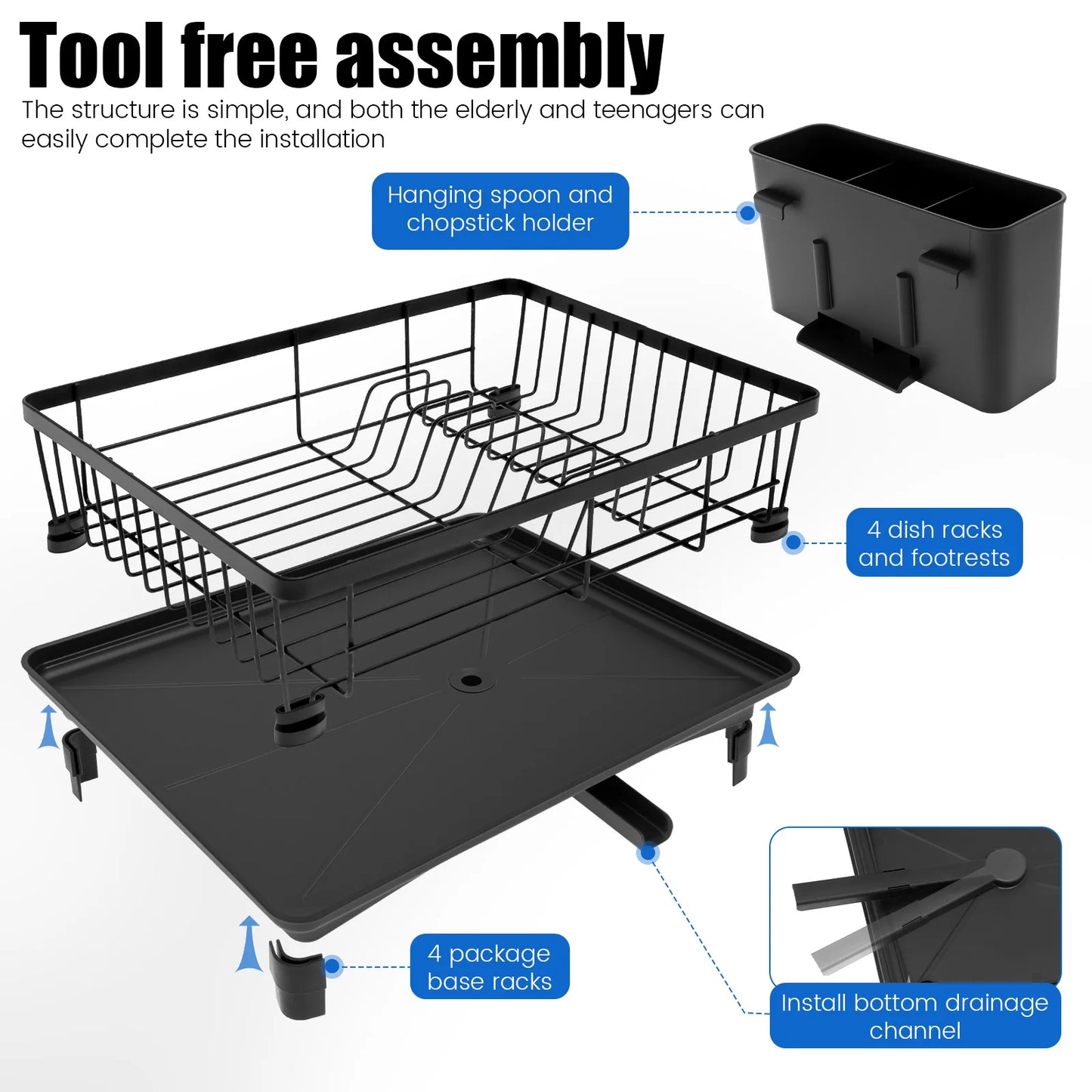 Dish Drying Rack Iron Flatware Dish Drainer with Utensil Holder Large Capacity Non-slip Counter Dish Rack Kitchen Storage Rack