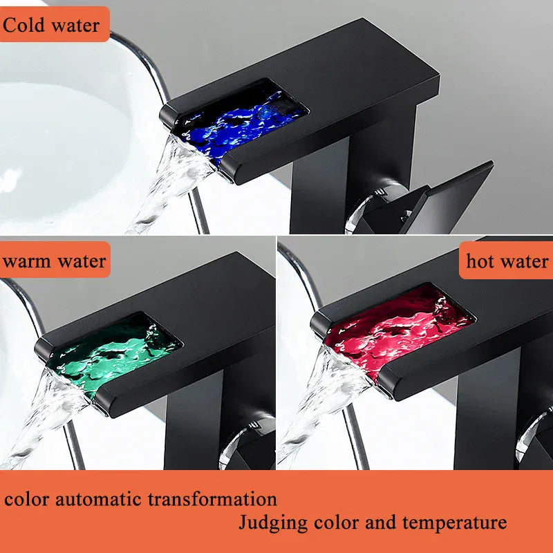 Luxury LED Black Basin Faucet Tall And Short Tap Bathroom Single Handle Cold and Hot Water Flow Produces Electricity
