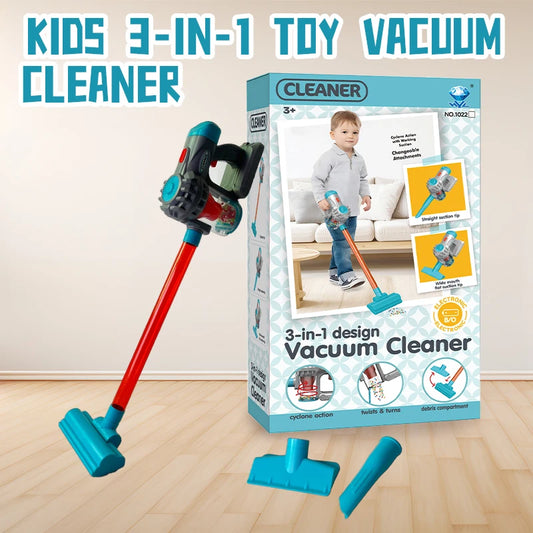Kids 3-in-1 Toy Vacuum Cleaner – Light & Sound Stick/Handheld, Detachable Debris Bin, Cyclone Beads, 2 Attachments, Role-Play Ho