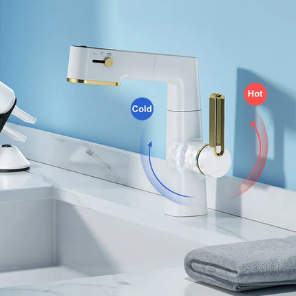 Robinet de salle de bain multifonctionnel VGX, mitigeur de lavabo extractible, robinet de lavabo avec indicateur de température LED, rotation à 360°, robinetterie Crane en laiton blanc