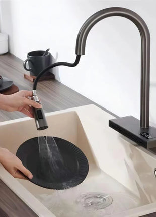 Waterfall Kitchen Faucet Temperature Display For Hot and Cold Water Pull Out Deck Mounted Sink Tap