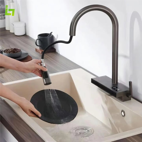 Waterfall Kitchen Faucet Temperature Display For Hot and Cold Water Pull Out Deck Mounted Sink Tap