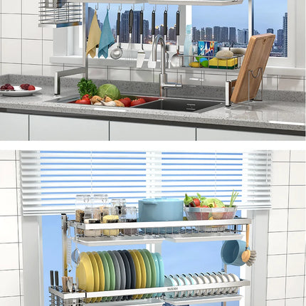 Égouttoir de cuisine en acier inoxydable 304 avec porte-assiettes de rangement multifonction pour évier de cuisine à poser sur le plan de travail