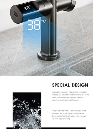 Luxury brass gun gray kitchen faucet LED digital sensing design single handle hot & cold water pull-out type 2-function sink Tap