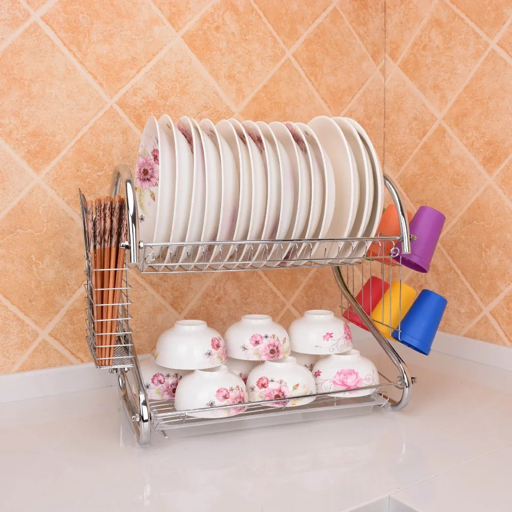 Kitchen Cutlery Organizer 2 Tier S-Shaped Dish Drainer Stable Space-saving Tableware Holder Shelf Metal Cup Drainer Chopsticks