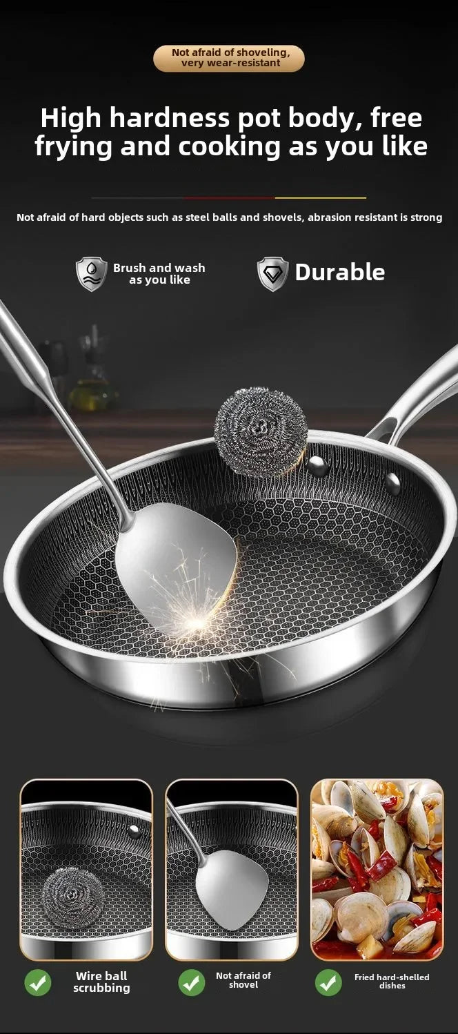 Frying Pan Stainless Steel Non-stick Household Frying Pancakes Uncoated Honeycomb Open Flame Gas Induction Cooker Pan Universal