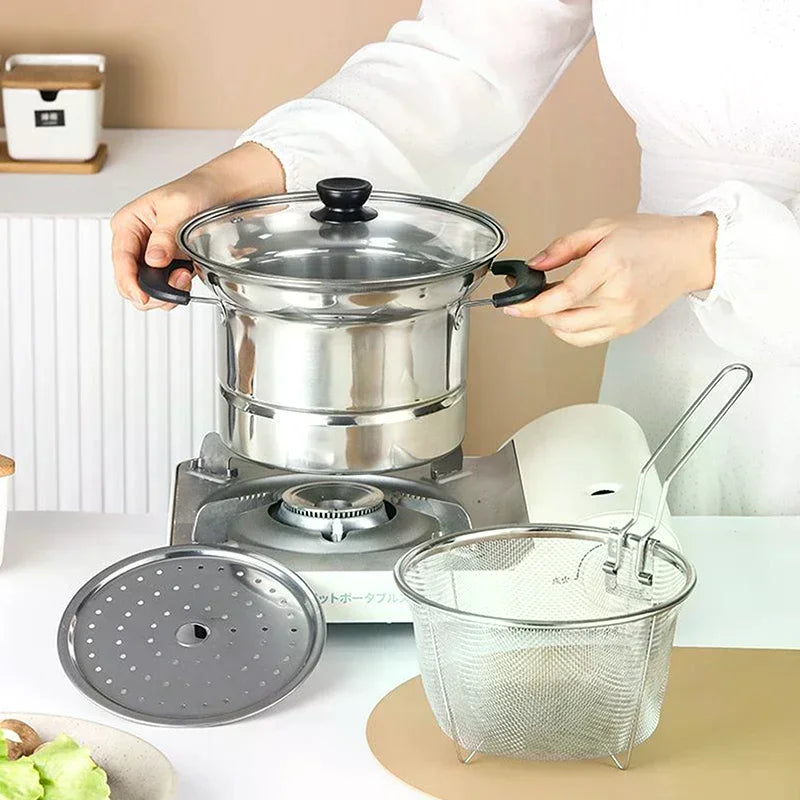 Stainless Steel Fryer Pot With Strainer Basket And Handle Portable Multi-functional Deep Frying Pot For French Fries Seafood