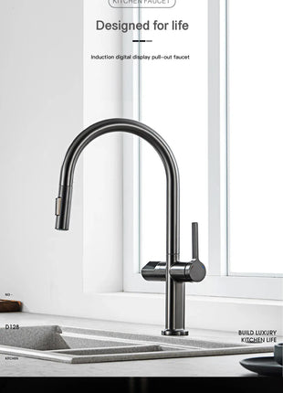 Luxury brass gun gray kitchen faucet LED digital sensing design single handle hot & cold water pull-out type 2-function sink Tap