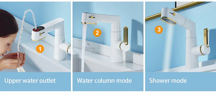Robinet de salle de bain multifonctionnel VGX, mitigeur de lavabo extractible, robinet de lavabo avec indicateur de température LED, rotation à 360°, robinetterie Crane en laiton blanc