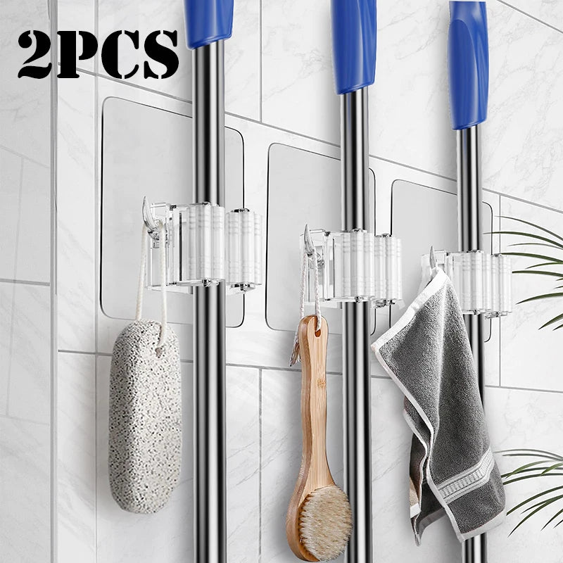 1/2pcs Broom Holder Self Adhesive Clear Broom Holder Broom Mop Organizer Wall Hanging Mop Broom Holder Wall Mount Broom