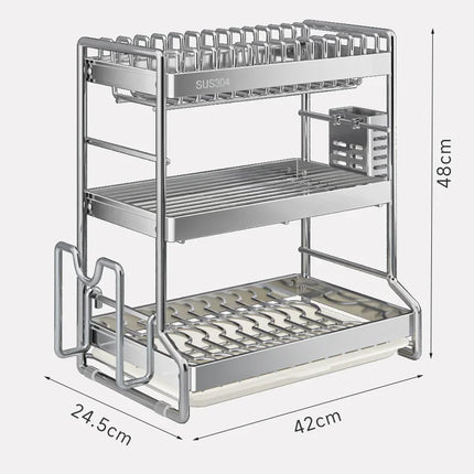Égouttoir à vaisselle en acier inoxydable pour le rangement et l'organisation de la cuisine. Ce support est idéal pour la vaisselle, les ustensiles de cuisine et les tables.
