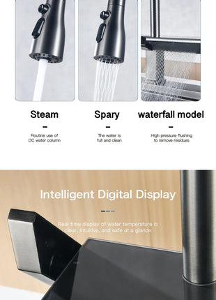 AITANA Luxury Chrome Brass Kitchen Faucet with Digital Display Design, Hot and Cold Water Pull out 3-Function Sink Mixer