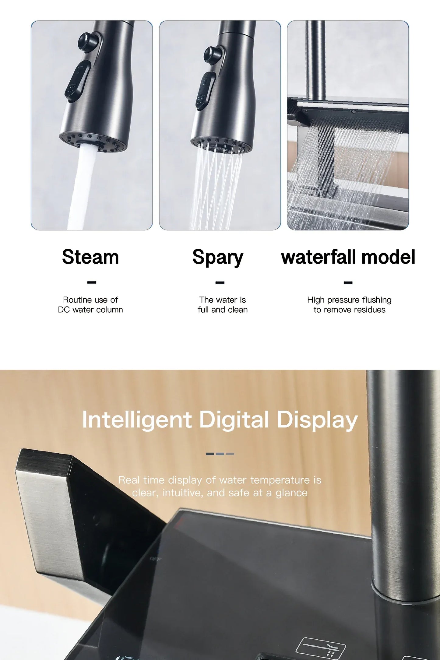AITANA Luxury Chrome Brass Kitchen Faucet with Digital Display Design, Hot and Cold Water Pull out 3-Function Sink Mixer