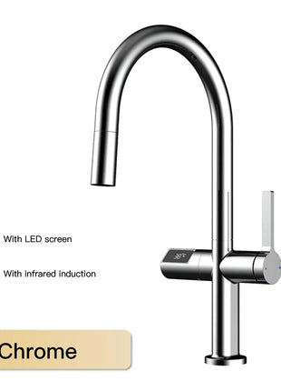 Luxury brass gun gray kitchen faucet LED digital sensing design single handle hot & cold water pull-out type 2-function sink Tap