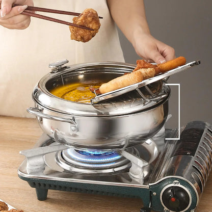 Frying Pot 3.2L Double Ear 201 Stainless Steel  Fryer Pot with Oil Drip Drainer Rack Thermometer for Tempura 3.2L Frying Pot