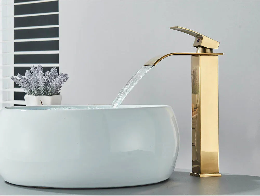 Brushed Golden Basin Faucets Elegant Waterfall Bathroom Sink Faucet Single Lever Hole Deck Mount Brass  Mixer Taps