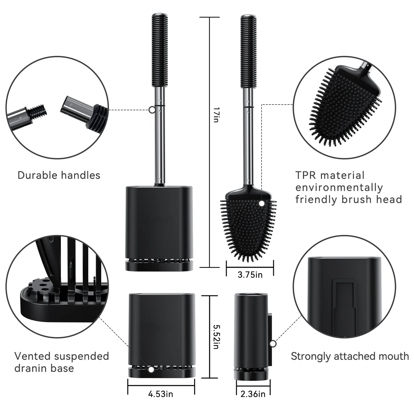 Brosse de toilette en silicone, nettoyage en profondeur, manche antidérapant en acier inoxydable et poils flexibles (noire), lot de 1
