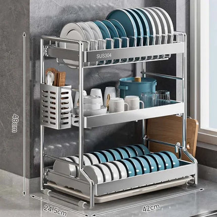 Égouttoir à vaisselle en acier inoxydable pour le rangement et l'organisation de la cuisine. Ce support est idéal pour la vaisselle, les ustensiles de cuisine et les tables.