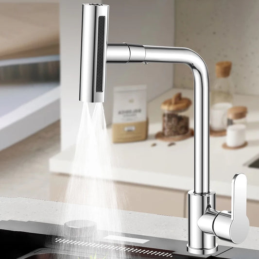 Waterfall Kitchen Faucet  4 Modes Universal 360°Rotating Swing Arm Stainless Steel Hot Cold Single Hole Deck Mounted Sink Tap