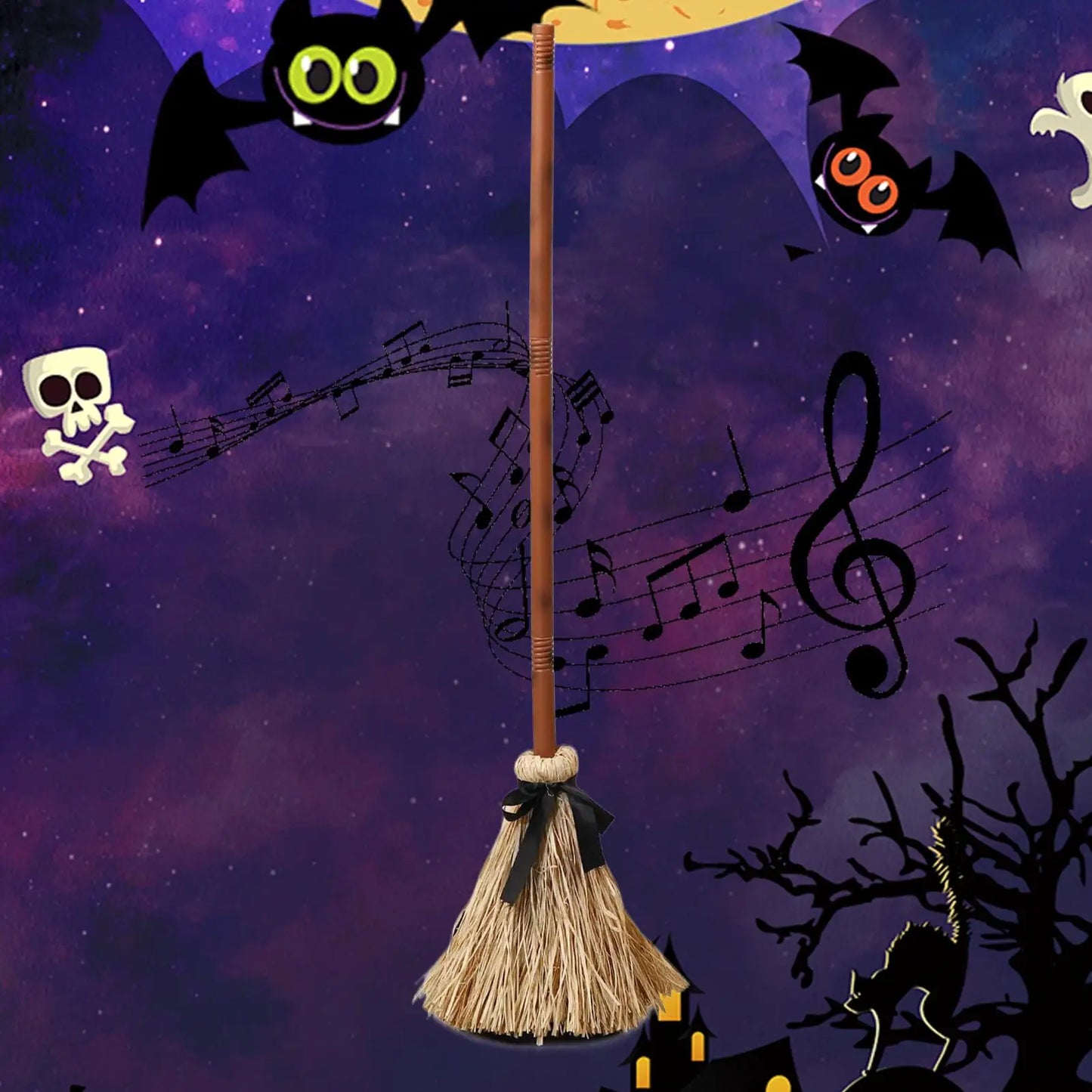 Halloween Witches Broom Moving Broom 43.5 Inches Moving Decoration with Spooky Sounds Witch Broom Prop for Halloween Party