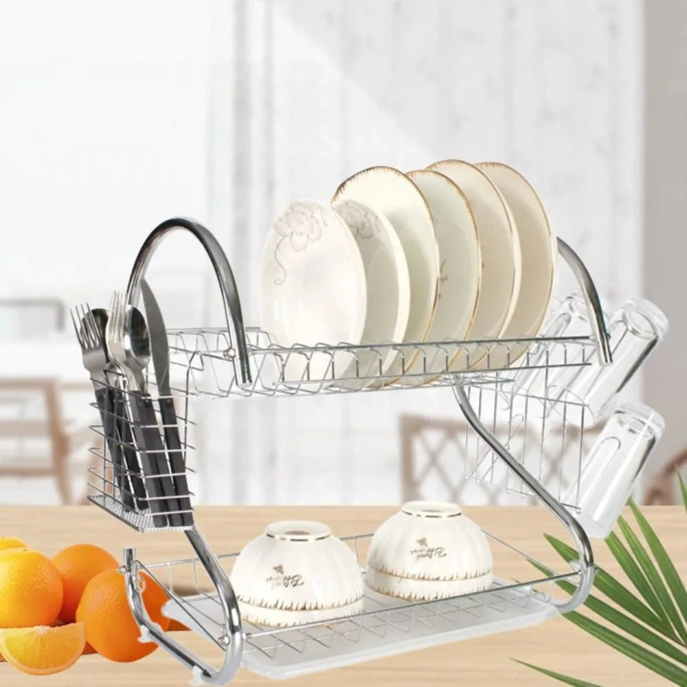 Kitchen Cutlery Organizer 2 Tier S-Shaped Dish Drainer Stable Space-saving Tableware Holder Shelf Metal Cup Drainer Chopsticks