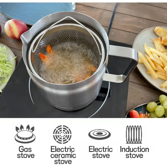 Stainless Steel 2L Deep Fryer Pot with Basket and Oil Strainer, 304 Stainless Steel Deep Frying Pot for French Fries, Chicken