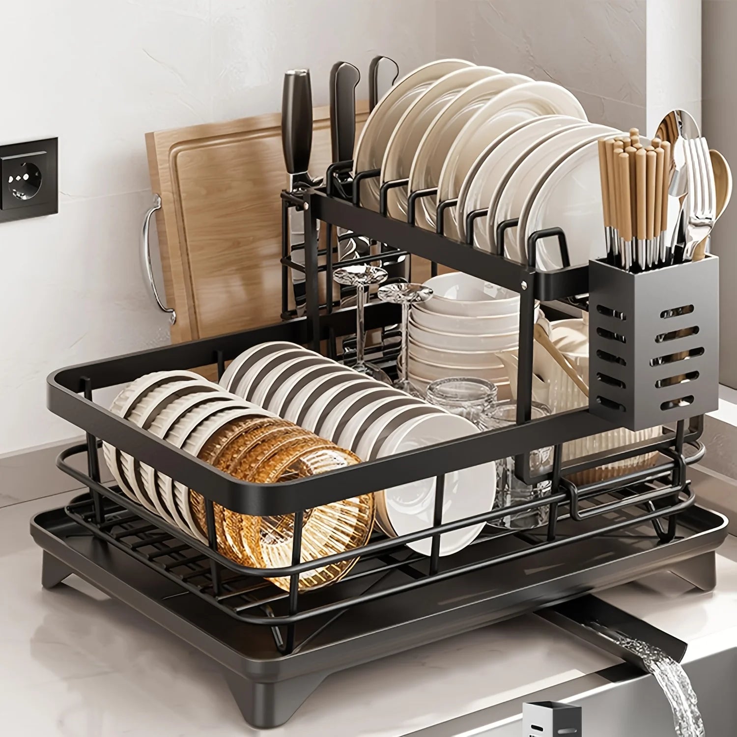Dish Rack, Large Capacity Dish Drying Rack With Draining Board, Double Layer Detachable Dish Storage Organizer For Dishes, Cups
