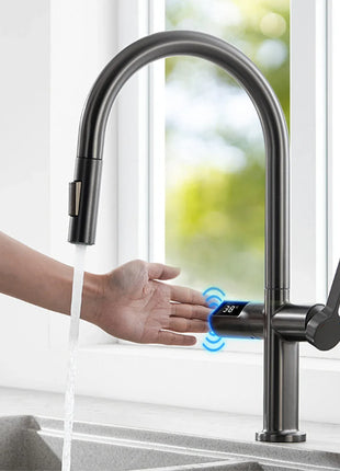 Luxury brass gun gray kitchen faucet LED digital sensing design single handle hot & cold water pull-out type 2-function sink Tap