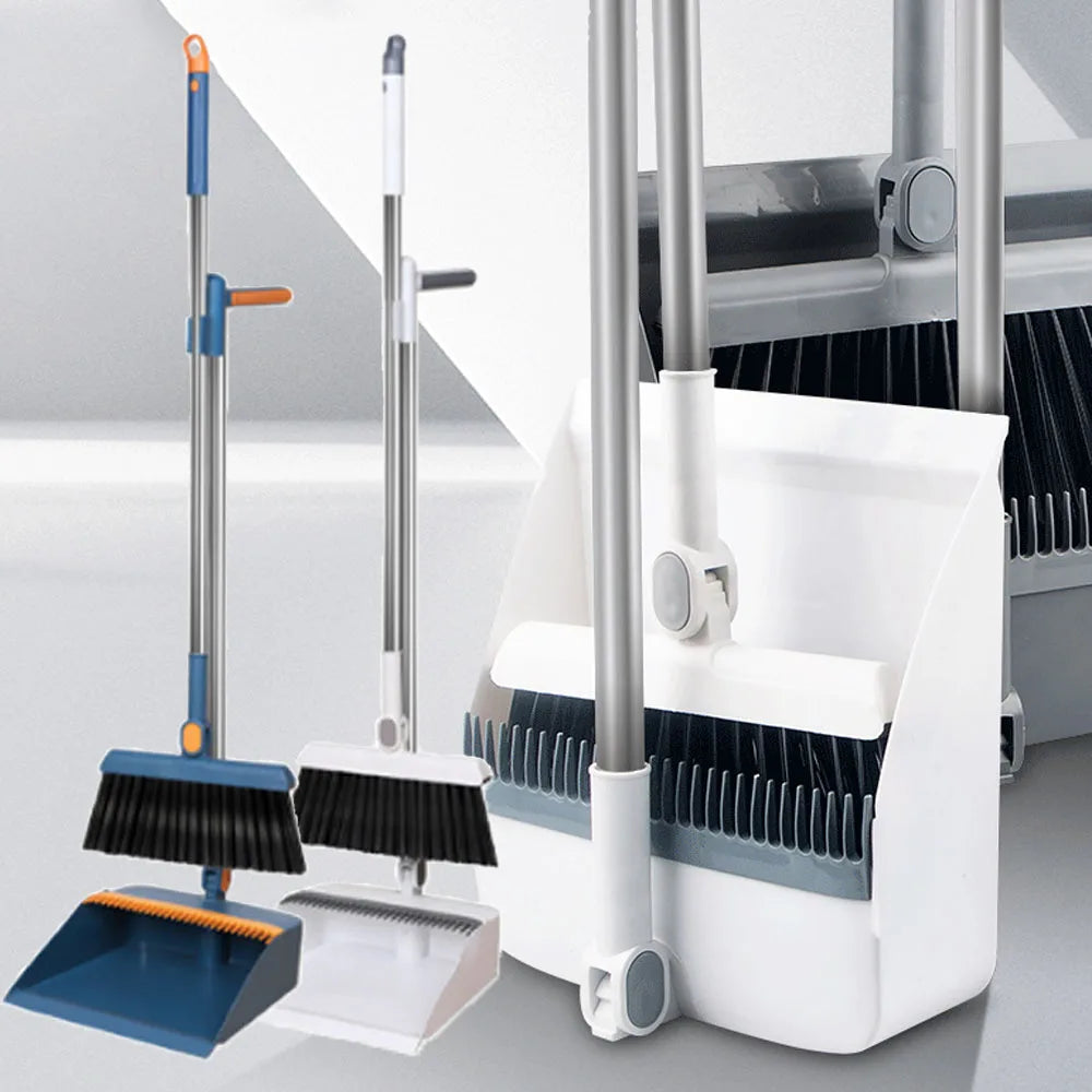 Broom and dust tray set with long handles, upright, perfect for indoor and outdoor garage kitchen room office lobby