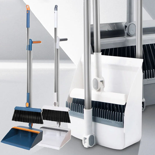 Broom and dust tray set with long handles, upright, perfect for indoor and outdoor garage kitchen room office lobby