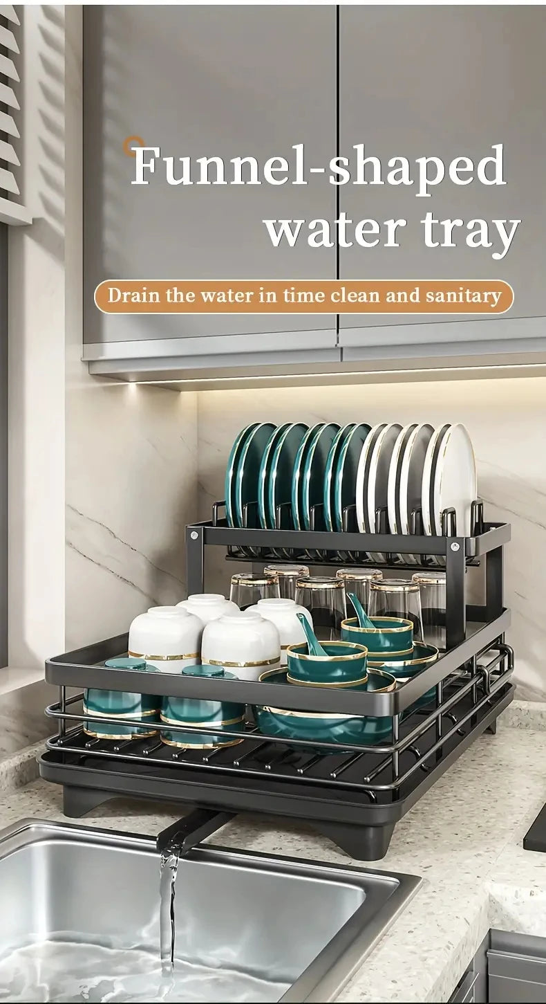 Dish Rack, Large Capacity Dish Drying Rack With Draining Board, Double Layer Detachable Dish Storage Organizer For Dishes, Cups